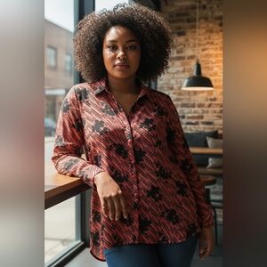 Dana Buchman Black Floral on Red Button Down Shirt Size XL